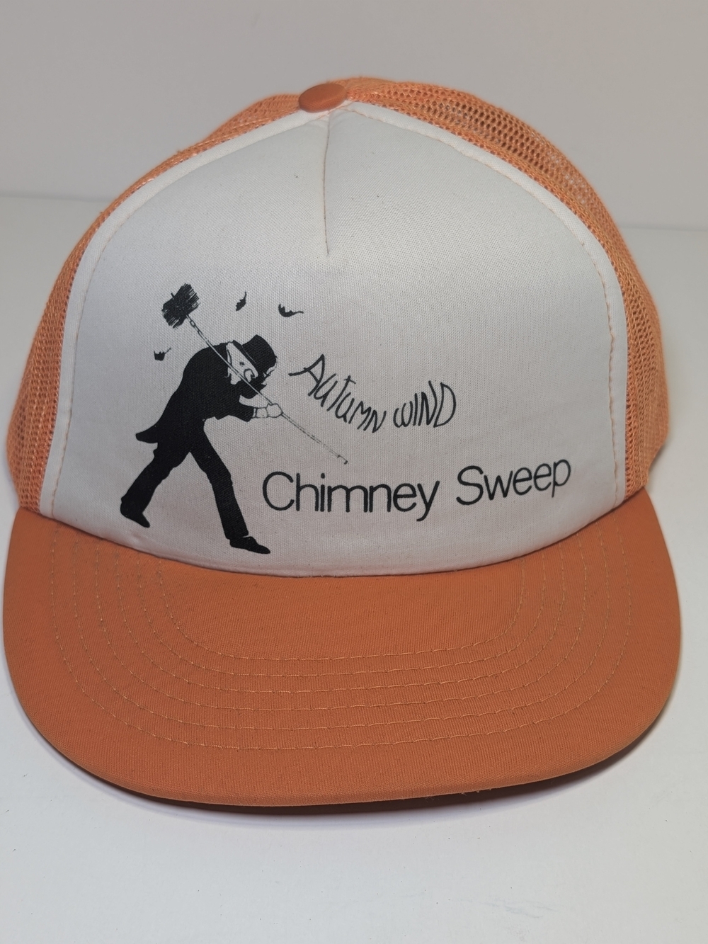 Vintage Autumn Wind Chimney Sweep Trucker Hat Mesh Snapback Cap Orange White - Picture 3 of 6